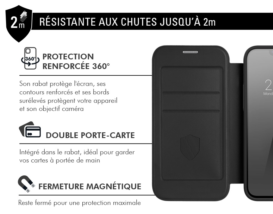 Custodia nera per telefono con slot per carte, chiusura magnetica e protezione 360°.