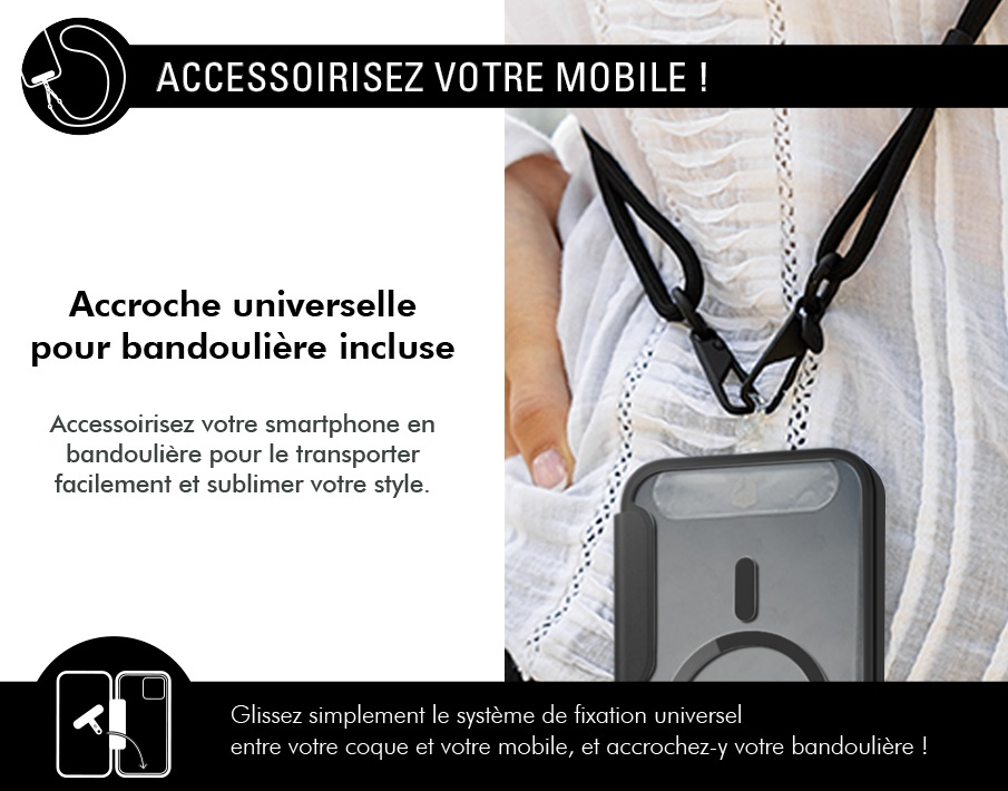 Una persona indossa uno smartphone con un attacco per cordino nero.