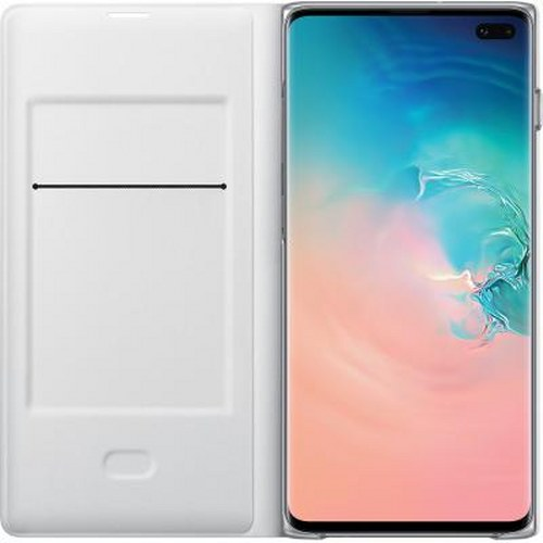 Funda de teléfono blanca abierta mostrando un smartphone con pantalla colorida.