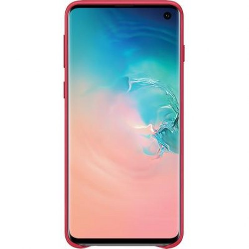 Uno smartphone rosso con uno sfondo blu e rosa.