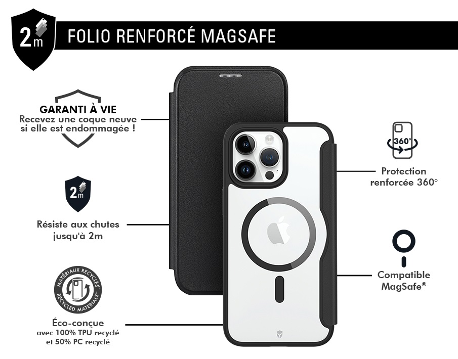 Custodia a libro nera per iPhone con MagSafe, protezione 2m, garanzia.