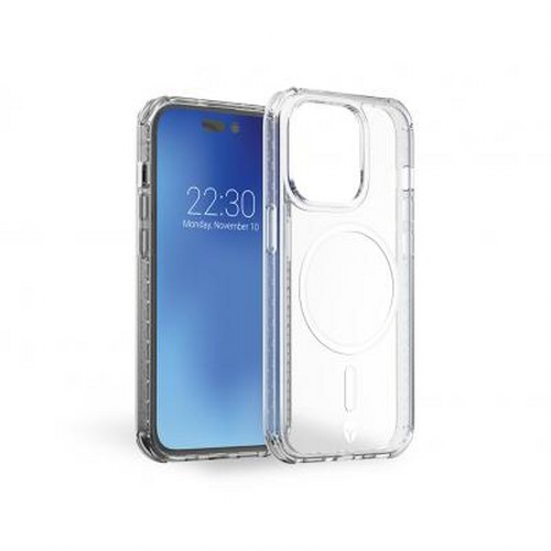 Una cover trasparente accanto a uno smartphone con schermo blu.