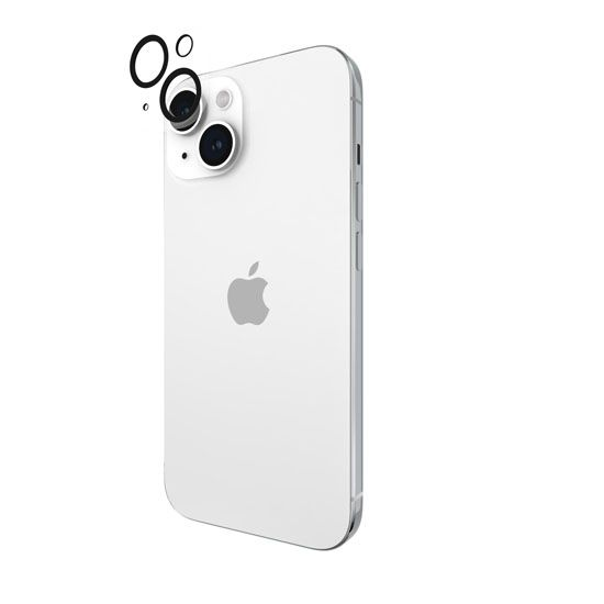 Retro bianco iPhone con logo Apple e modulo fotocamera. Pellicole protettive accanto.