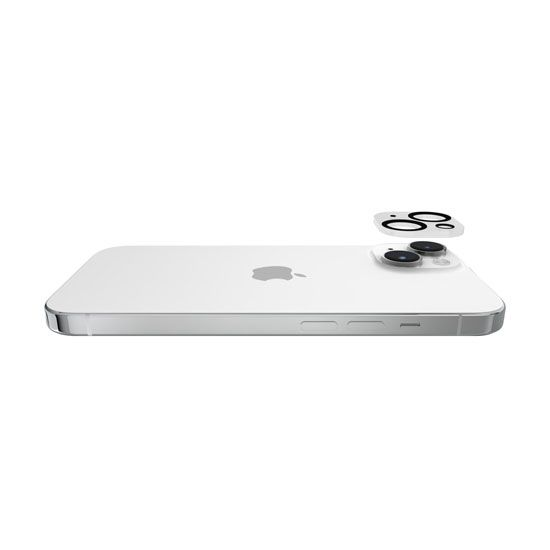 Un iPhone bianco con logo Apple e lente fotocamera rimovibile.