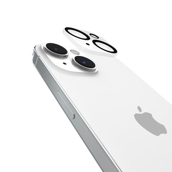 Vista posteriore iPhone bianco, mostra obiettivi fotocamera e logo Apple.