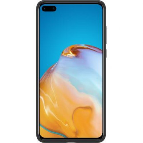Uno smartphone nero con schermo blu e grafica colorata e fluida.