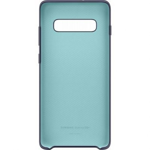 Una custodia per telefono verde acqua con un ritaglio in alto e il logo Samsung.