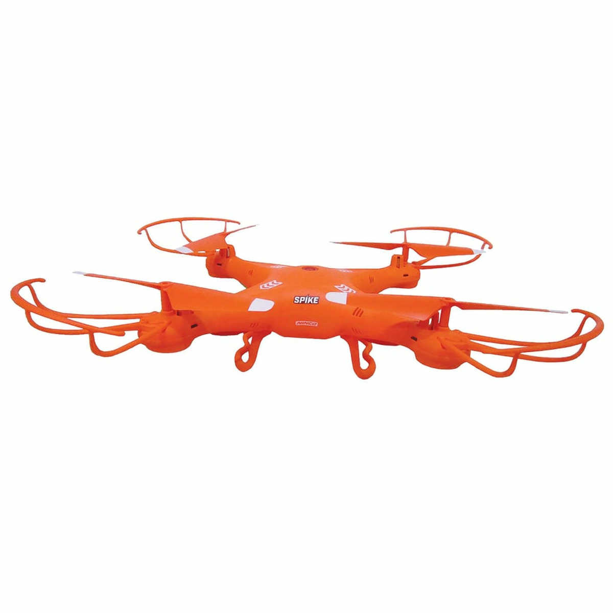 Dron naranja con cuatro hélices y protectores sobre fondo blanco.