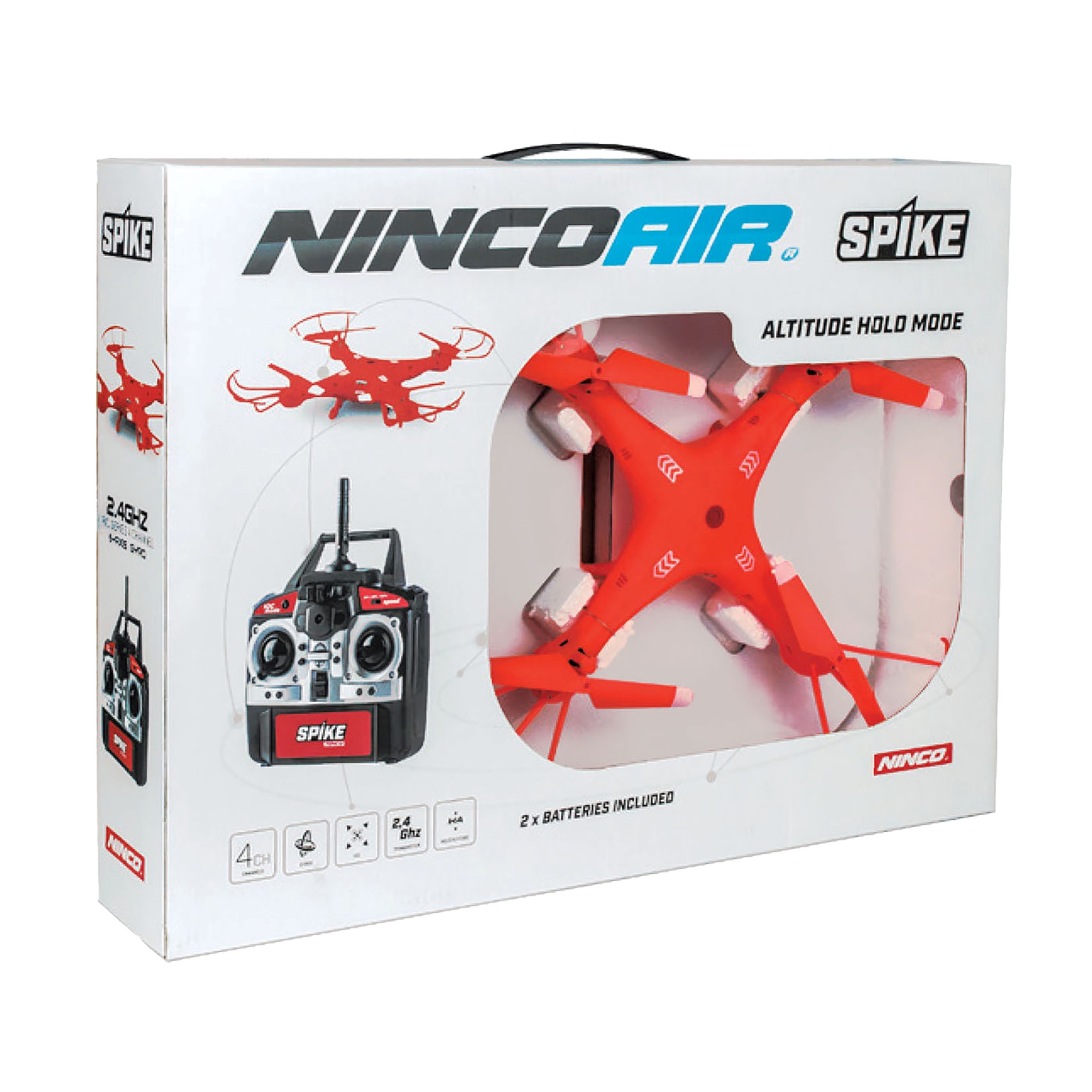 Embalaje de un set de dron rojo NincoAir Spike con control remoto.
