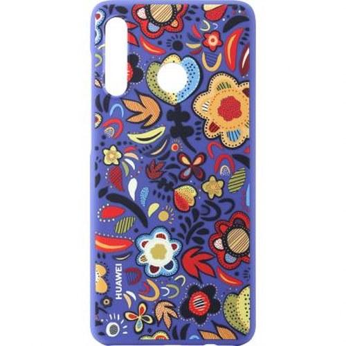 Custodia viola per telefono con motivo floreale colorato e logo Huawei.