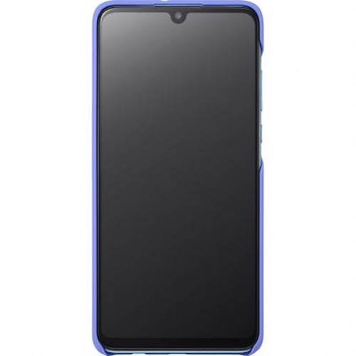 Uno smartphone viola con schermo scuro su sfondo bianco.