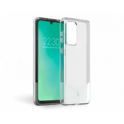 Ein durchsichtiger Handyhülle neben einem Smartphone mit grünem Bildschirm.
