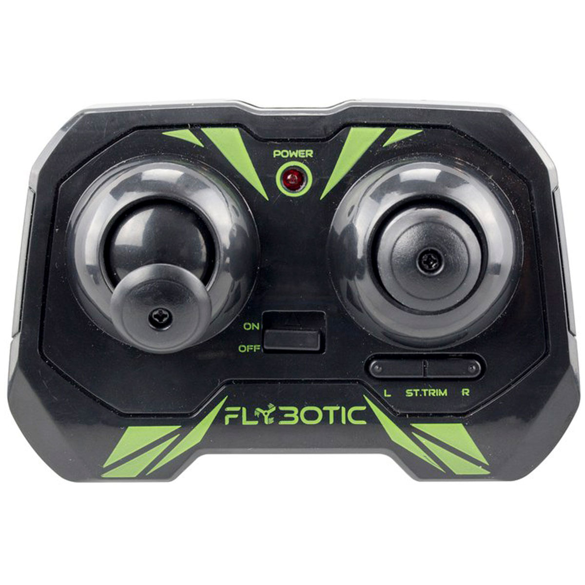 Mando a distancia negro con dos joysticks, detalles verdes y luz de encendido roja.