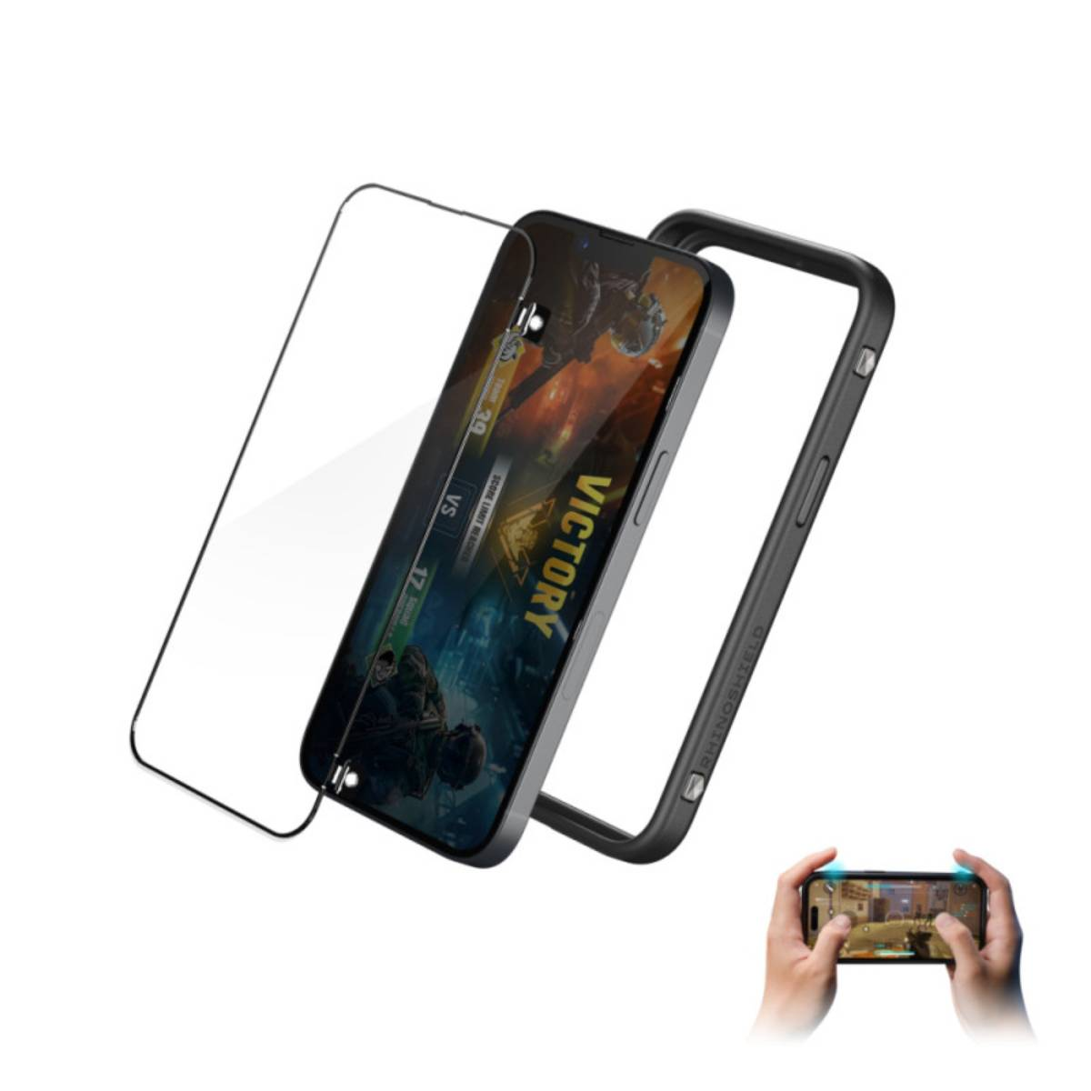 Uno smartphone con schermo di gioco, cornice protettiva e pellicola protettiva.