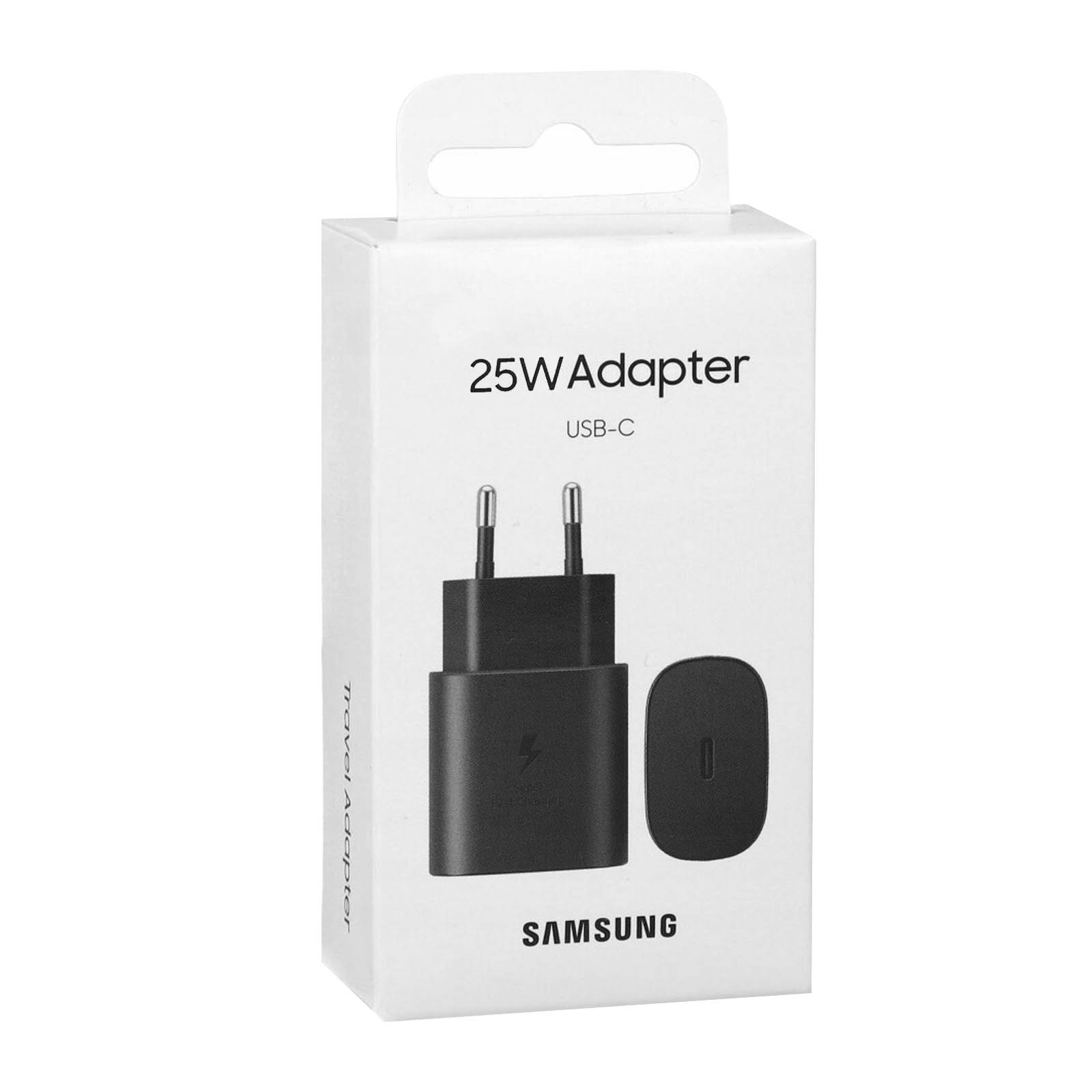 Embalaje de caja blanca para un adaptador de viaje Samsung 25W USB-C con cargador y enchufe negros.