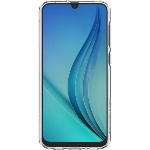 Ein durchsichtiges Handy mit einem blauen und grünen Hintergrundbild.
