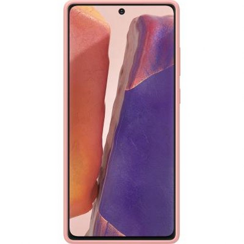 Un teléfono rosa que muestra un fondo abstracto y colorido en su pantalla.