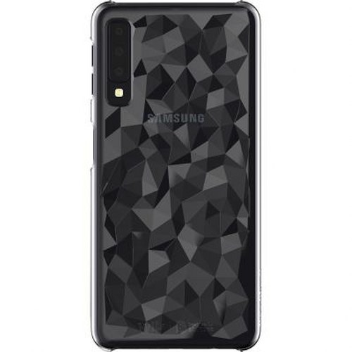 Retro di un telefono Samsung nero con motivo geometrico e modulo fotocamera.