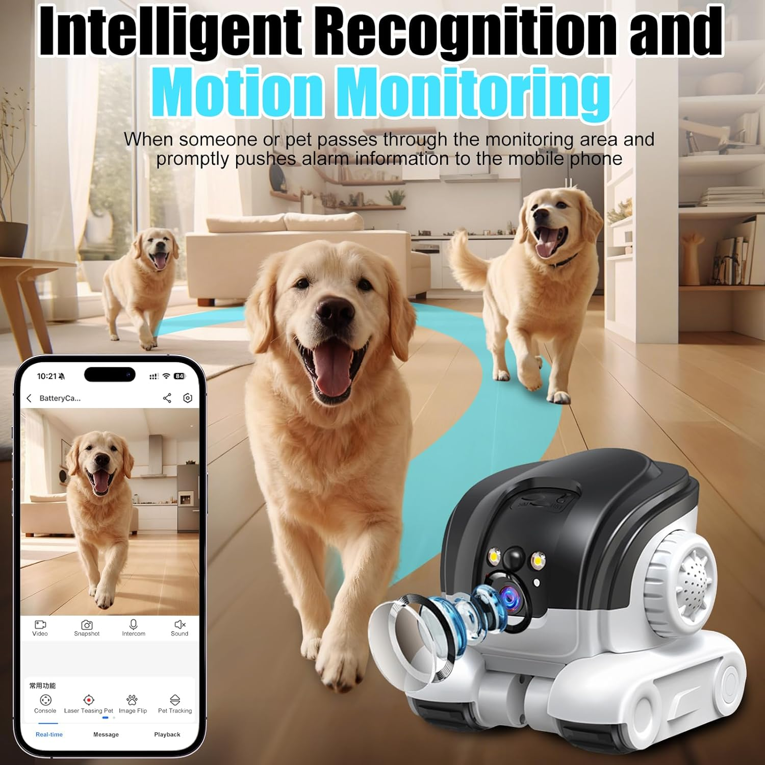 Ein weiß-schwarzer Haustierüberwachungsroboter mit Hunden in einem Haus. Bildschirm zeigt Live-Feed.