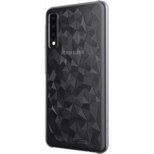 Uno smartphone Samsung nero con retro a fantasia triangolare.