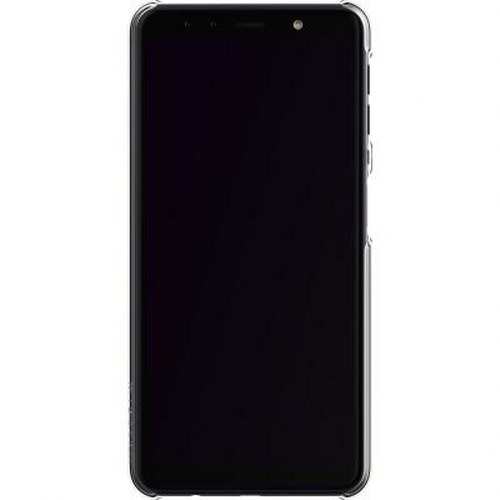 Uno smartphone nero in custodia trasparente, su sfondo bianco.