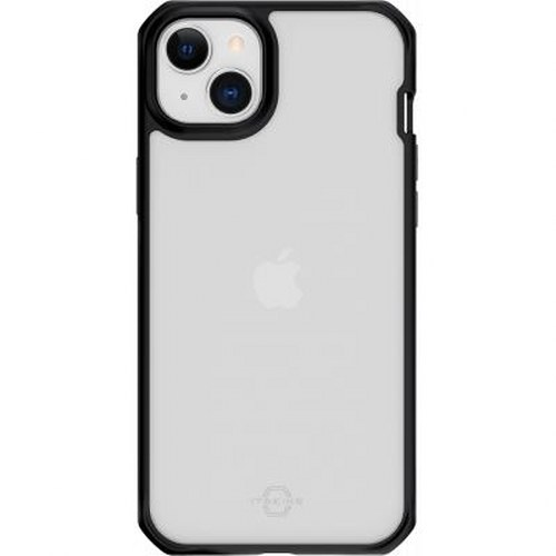 Custodia trasparente per iPhone con bordo nero e rialzo fotocamera, mostra logo Apple.