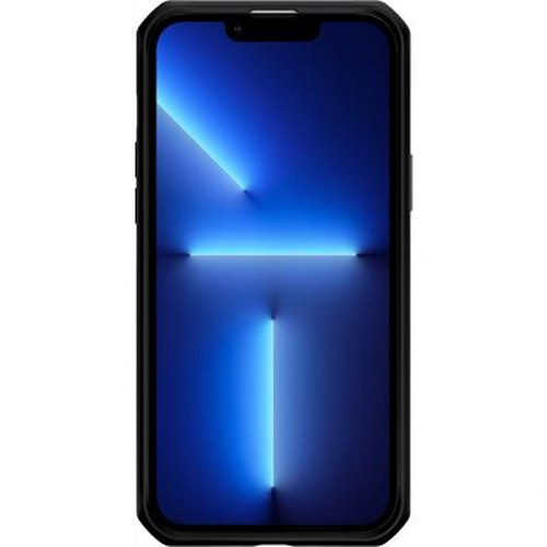 Uno smartphone nero con sfondo blu ed effetti di luce verticali.