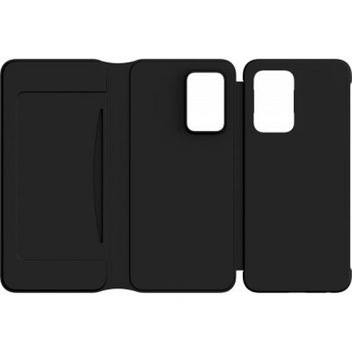 Custodia per telefono nera aperta con slot per schede e ritagli per fotocamera.