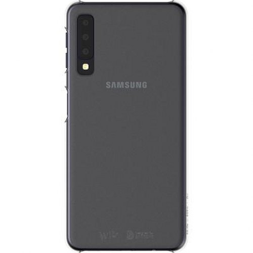Una cover per telefono Samsung grigio scuro con tripla fotocamera e flash sul retro.