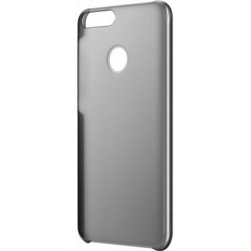 Una cover grigia per telefono con ritaglio fotocamera e foro circolare.