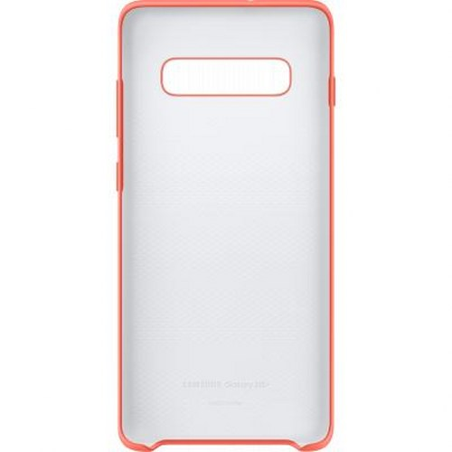 Una cover trasparente per telefono con cornice arancione e foro per fotocamera.