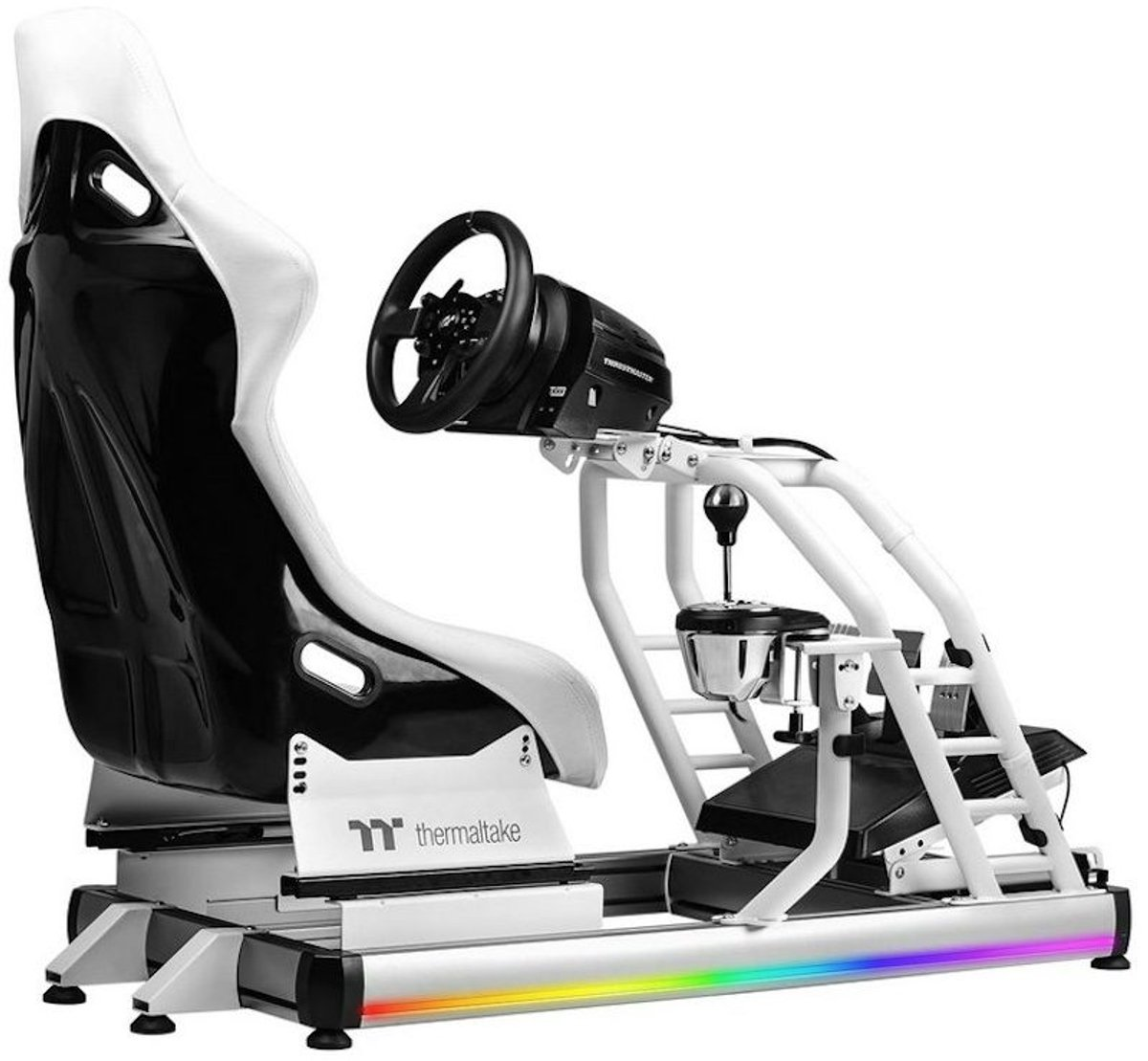 Asiento de carreras blanco y negro con volante, palanca y base de iluminación RGB.