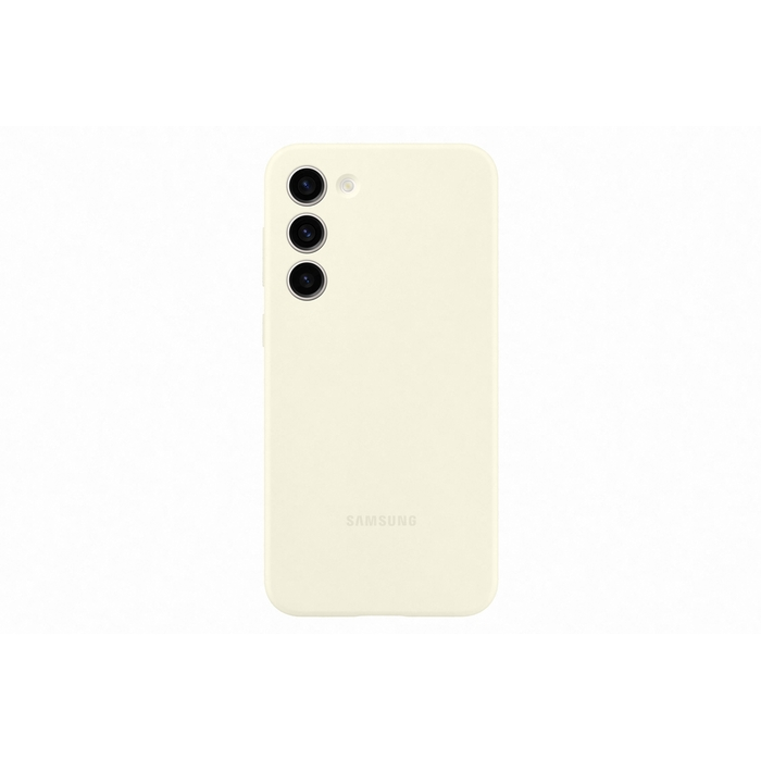 Reverso de un teléfono Samsung color crema con tres lentes de cámara y logo Samsung.