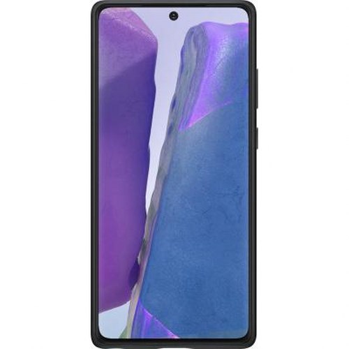 Uno smartphone nero con uno sfondo viola e blu.