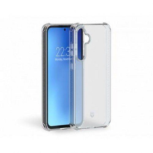 Eine durchsichtige Schutzhülle für ein Handy liegt neben einem Smartphone, das die Uhrzeit anzeigt.