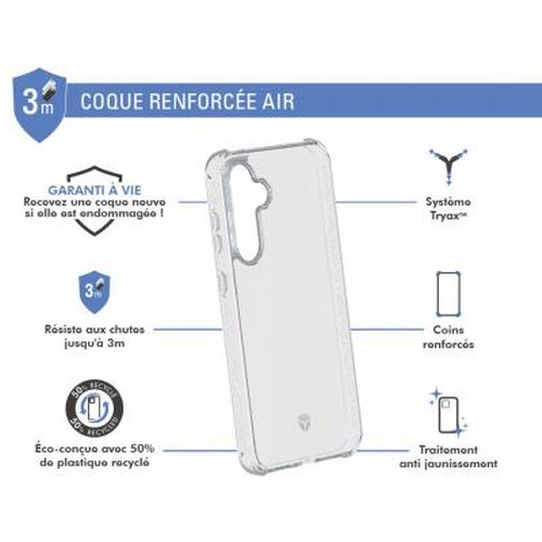 Transparente Handyhülle mit verstärkten Ecken und 50% recyceltem Kunststoff.