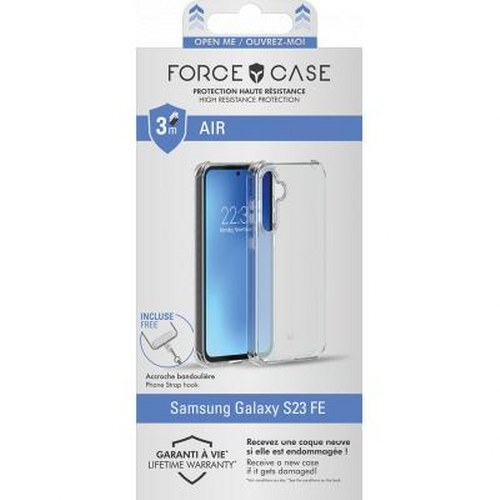 Verpackung für Samsung Galaxy S23 FE Hülle mit 3m Lufteinlassschutz und Bandelierhaken.
