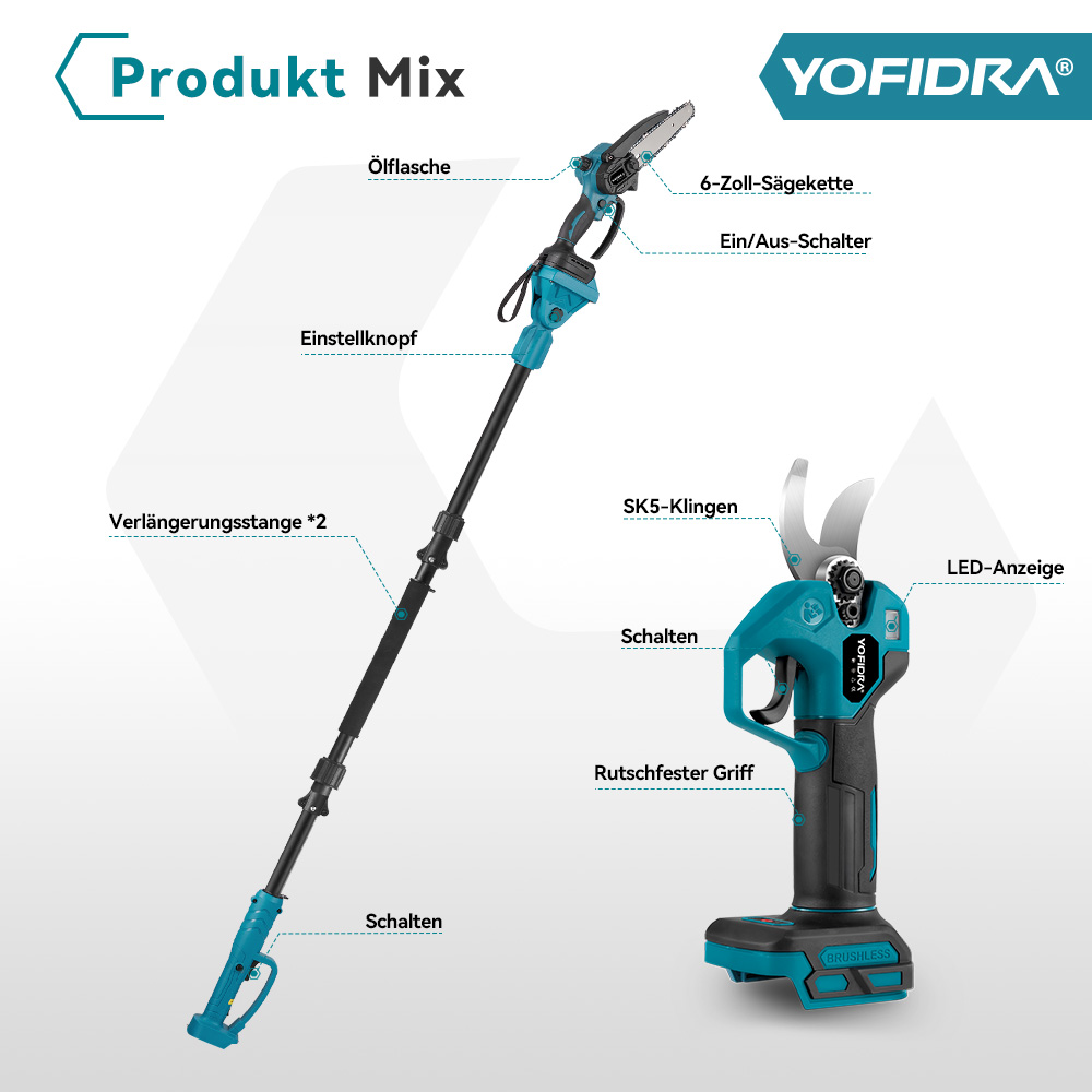 YOFIDRA Produkt Mix: Teleskop-Kettensäge und Astschere mit Akku.
