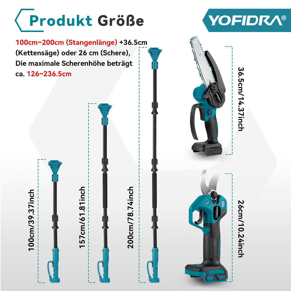 Produktgrößenübersicht: Teleskopstangen, Kettensäge und Schere von Yofidra.