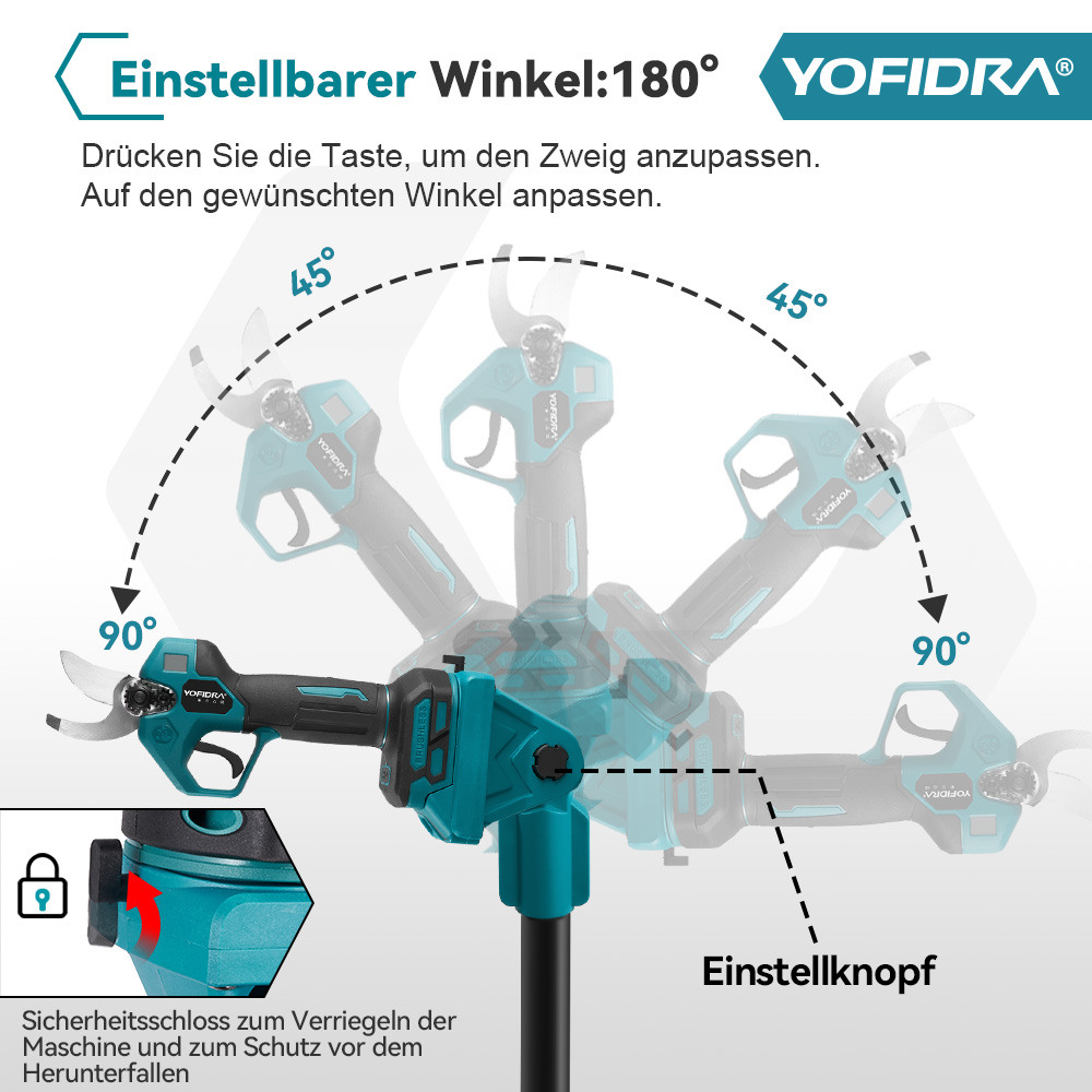 Verstellbarer Winkel: 180°. Zeigt einen blauen Gartenschneider in verschiedenen Winkeln.