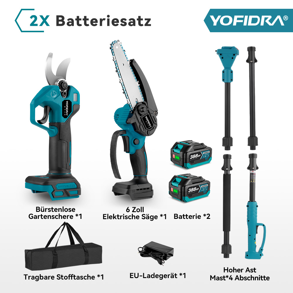 Yofidra Gartenscheren- und Sägenset mit Zubehör: 2 Akkus, Tasche, Ladegerät, Mast.