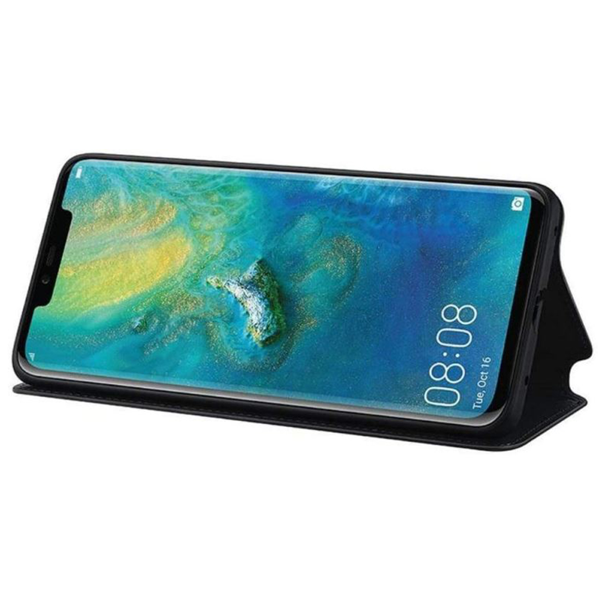 Uno smartphone con custodia nera, che mostra uno sfondo colorato con l'ora 08:08.