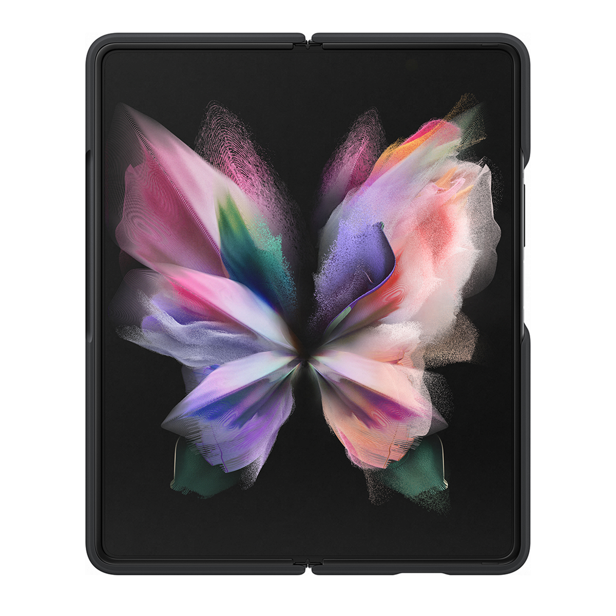 Uno smartphone scuro che si apre come una farfalla con ali colorate.