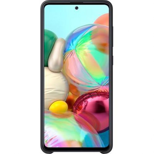Un smartphone negro muestra un fondo colorido con globos.