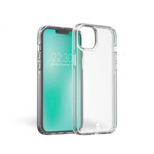 Una custodia trasparente per telefono giace accanto a uno smartphone con schermo verde.