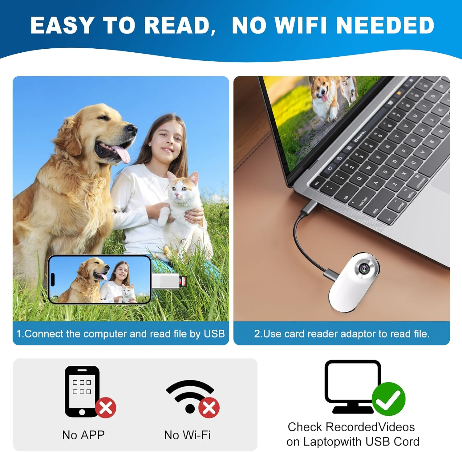 Mädchen hält Hund und Katze, daneben Laptop mit Kartenleser.