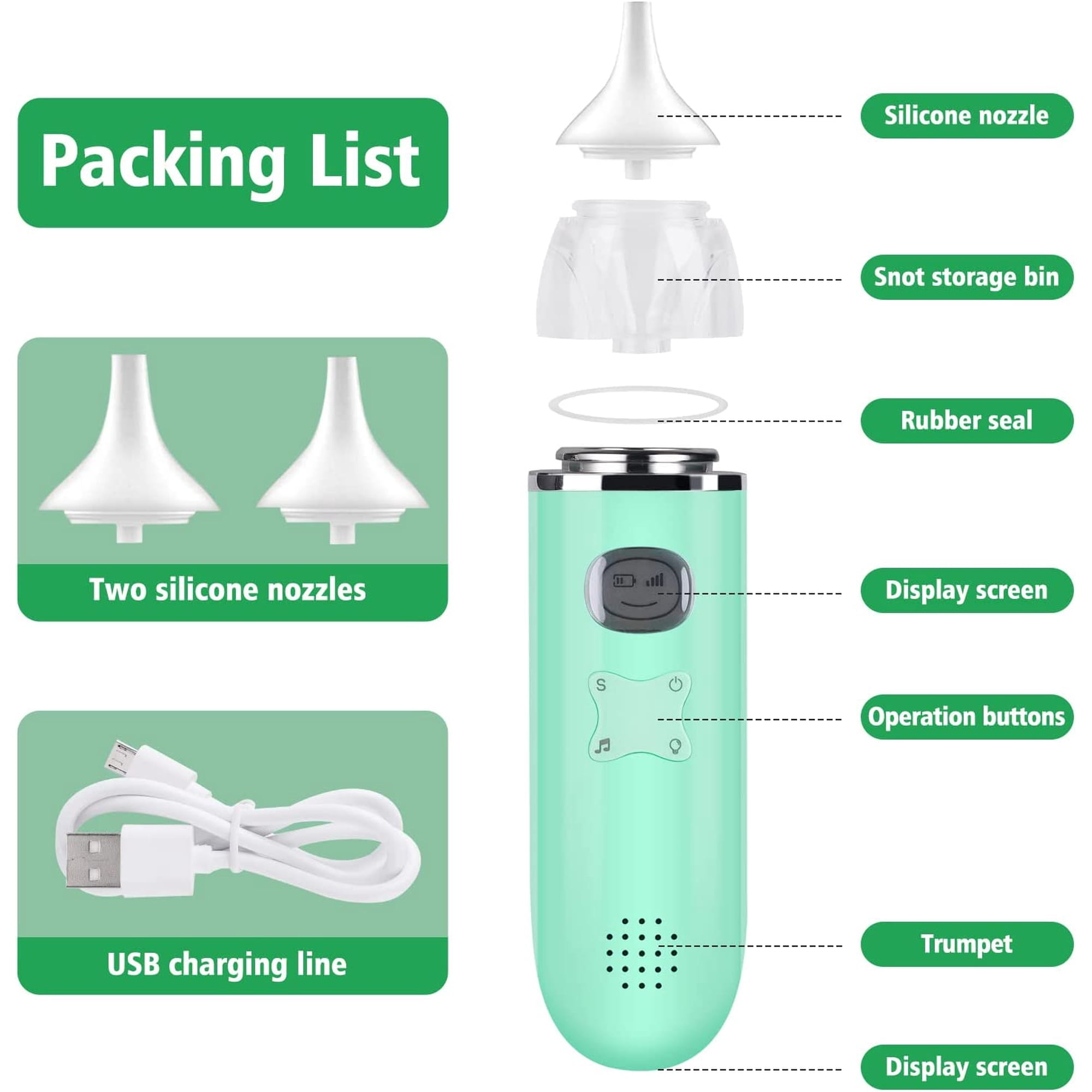 Packliste: Nasensauger-Teile, Ladekabel. Grün und Weiß.