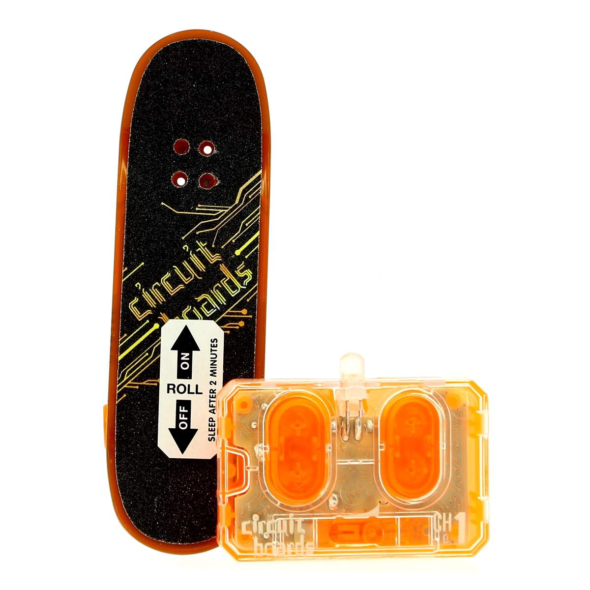 Un fingerboard negro con borde naranja y un controlador naranja sobre fondo blanco.