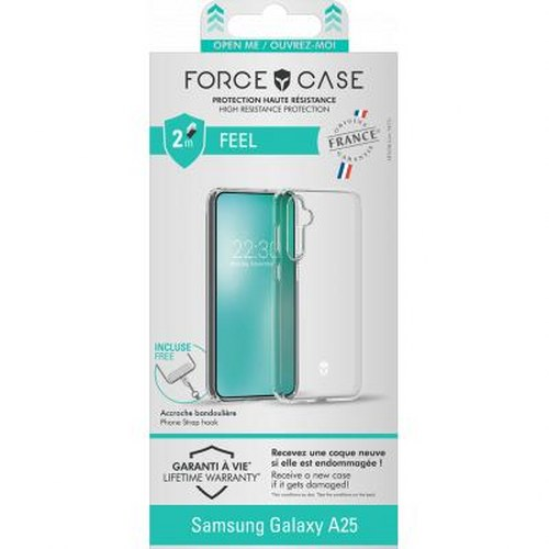 Confezione per una custodia trasparente per Samsung Galaxy A25, con testo francese.