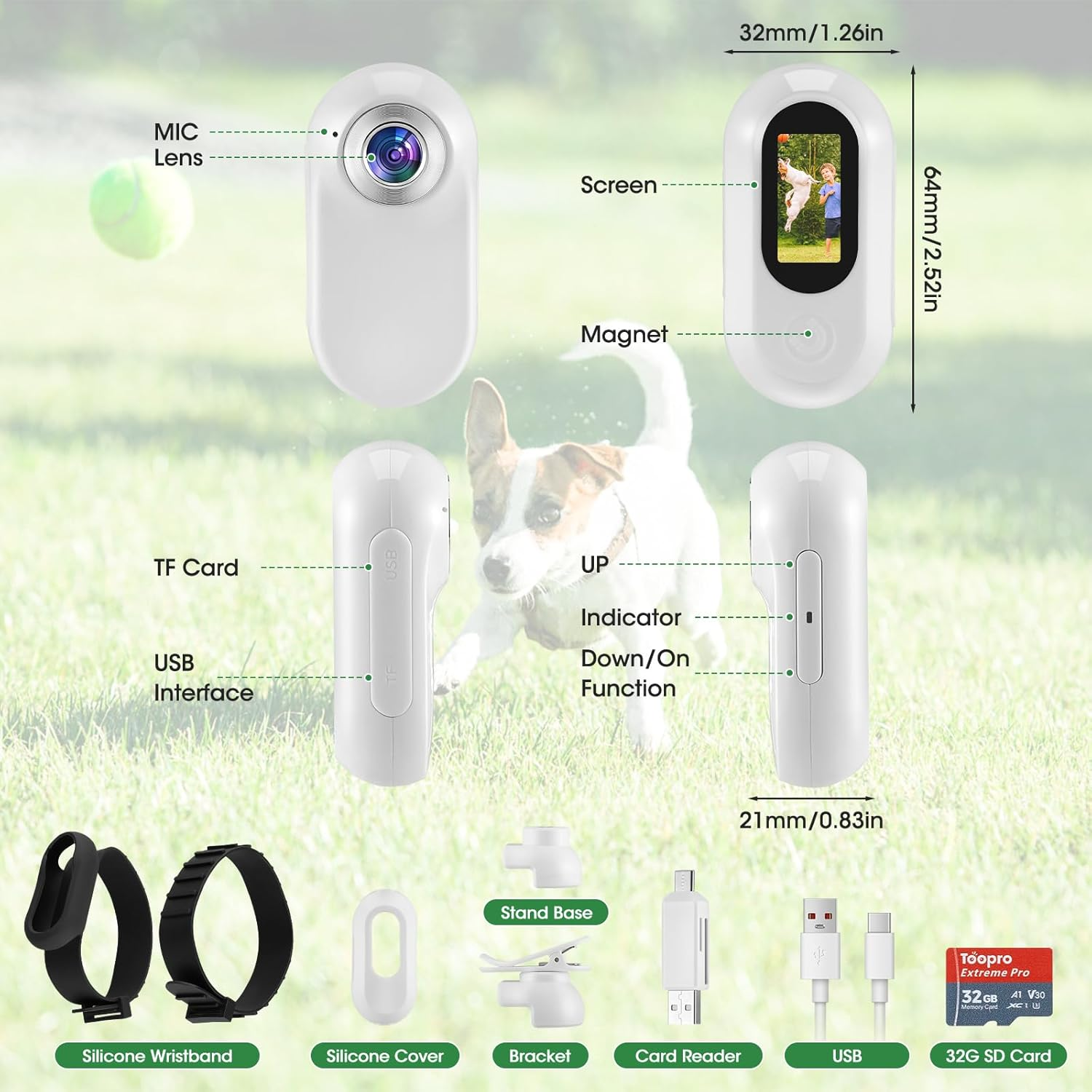 Weiße Action-Kamera mit Zubehör: Armbänder, Hülle, Halterung, Kartenleser, USB, SD-Karte.